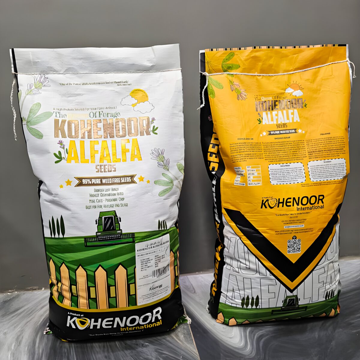 Kohenoor International ALFALFA SEEDS branded export bags — yellow Premium Quality packing